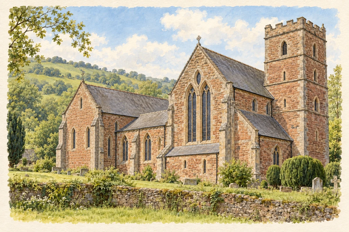 Watercolour and fine ink illustration of Dore Abbey parish church