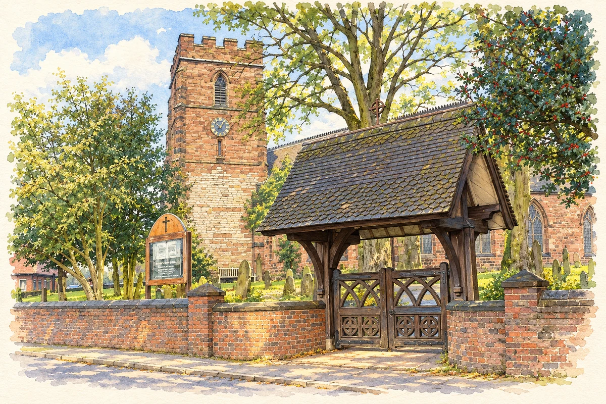 Watercolour and fine ink illustration of St Mary's Church and lychgate, Aldridge