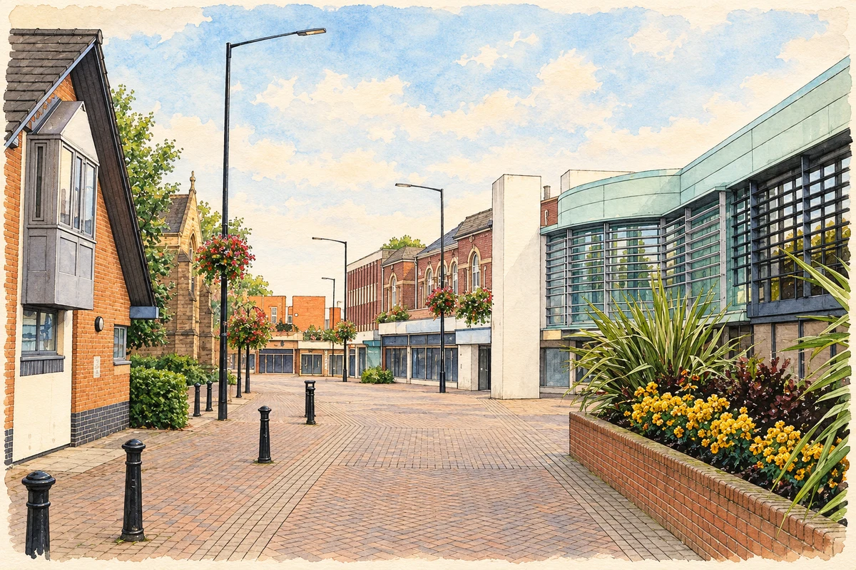 Watercolour and fine ink illustration of Bedworth town centre and Civic Hall