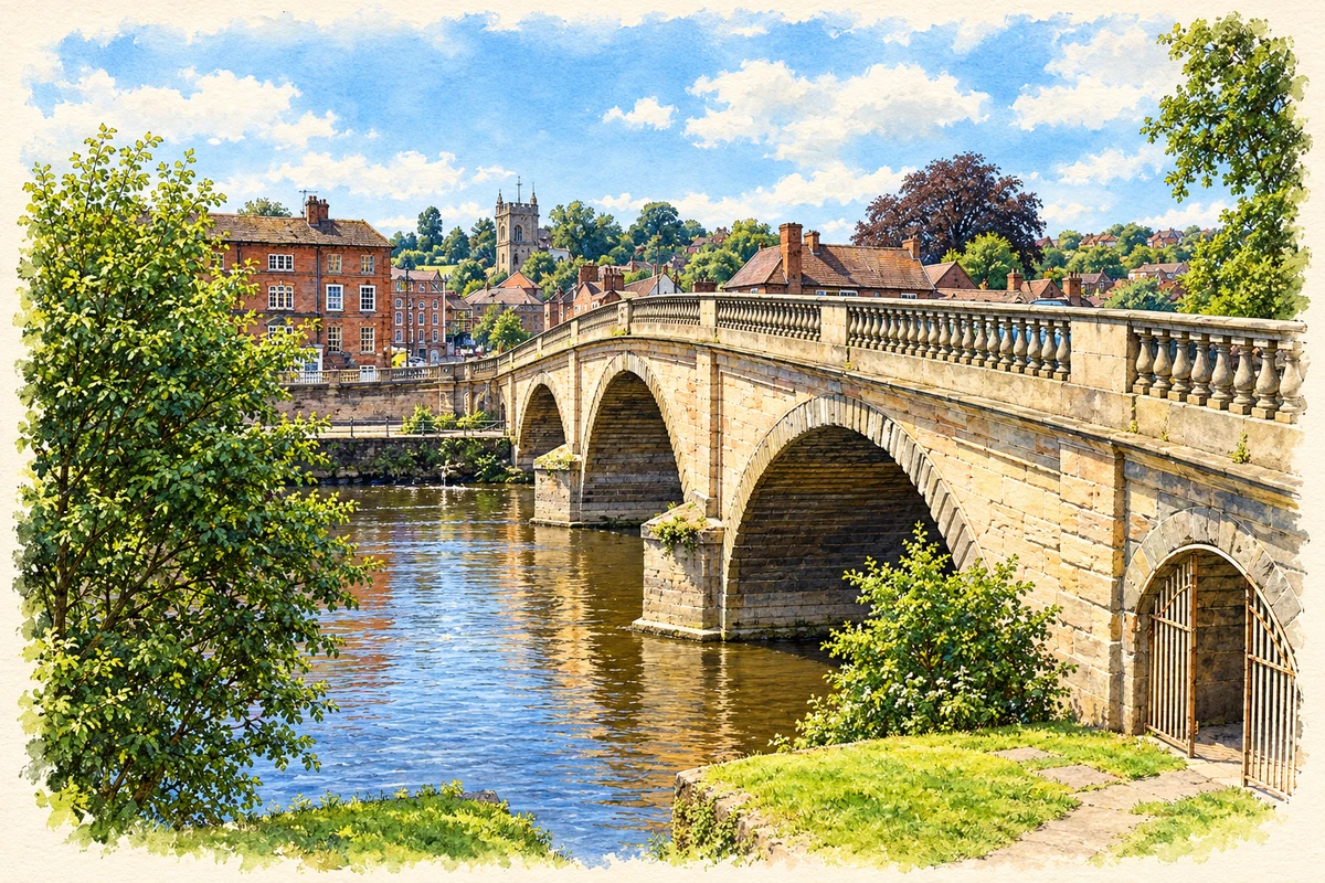 Watercolour and fine ink illustration of Bewdley Bridge over the Severn