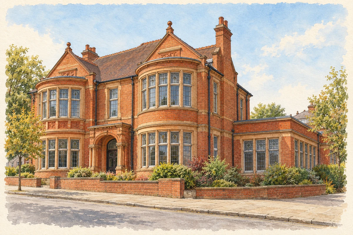 Watercolour and fine ink illustration of Bilston Gallery and Library, former Brueton House