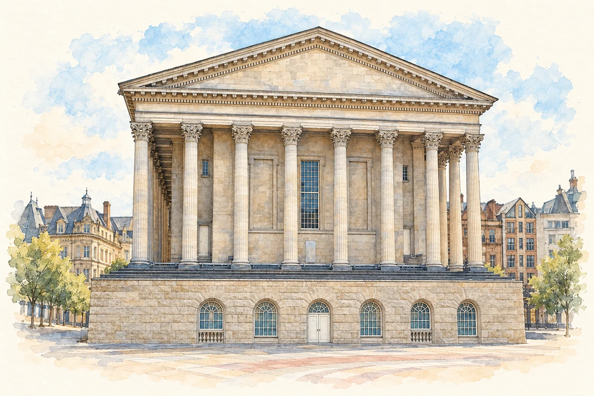 Watercolour and fine ink illustration of Birmingham Town Hall