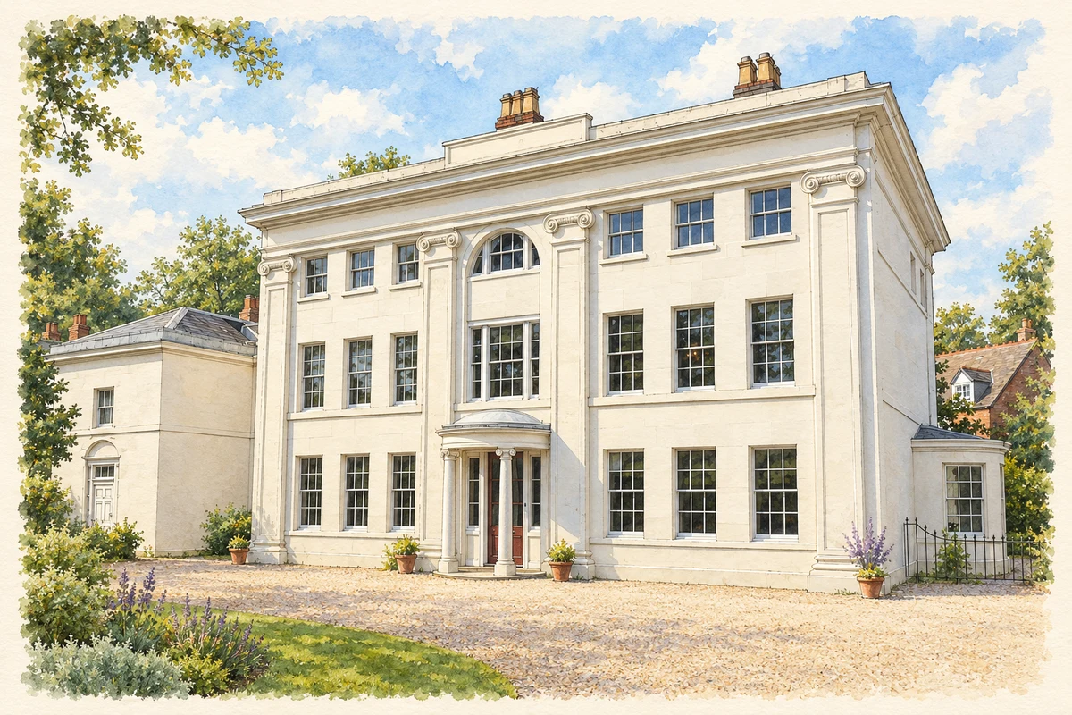 Watercolour and fine ink illustration of Soho House, showing its seven-bay garden facade, Ionic pilasters and curved porch