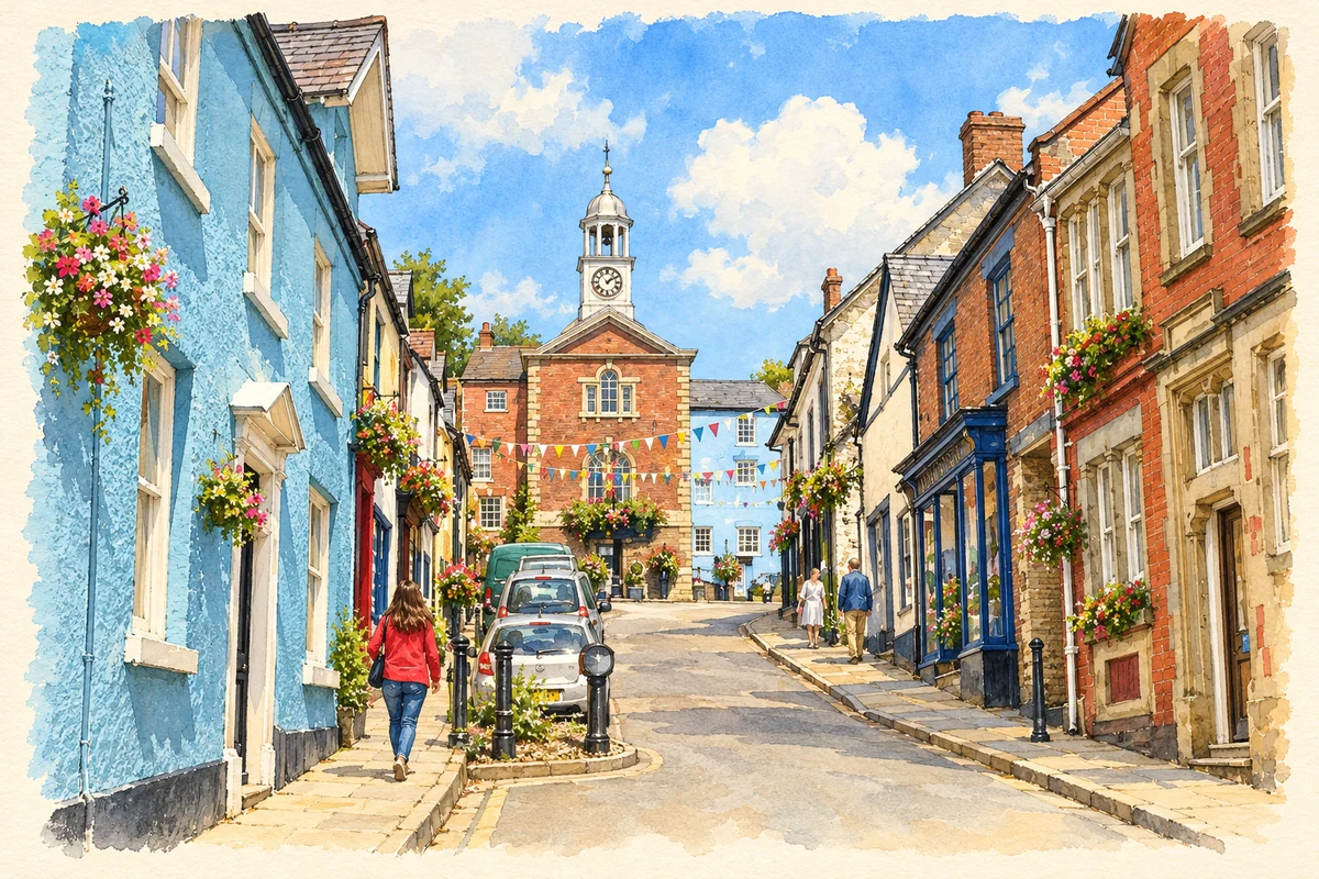 Watercolour and fine ink illustration of Bishop's Castle Town Hall and High Street