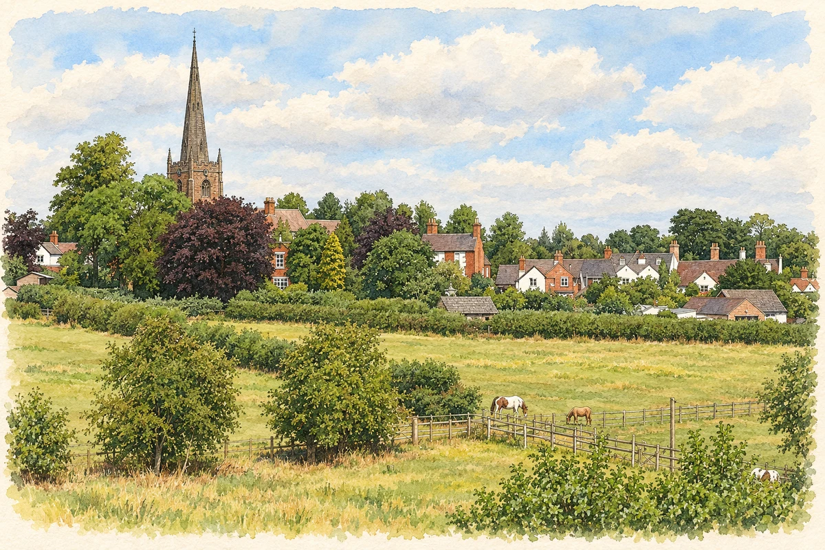 Watercolour and fine ink illustration of Brewood church tower seen from the Shropshire Union Canal