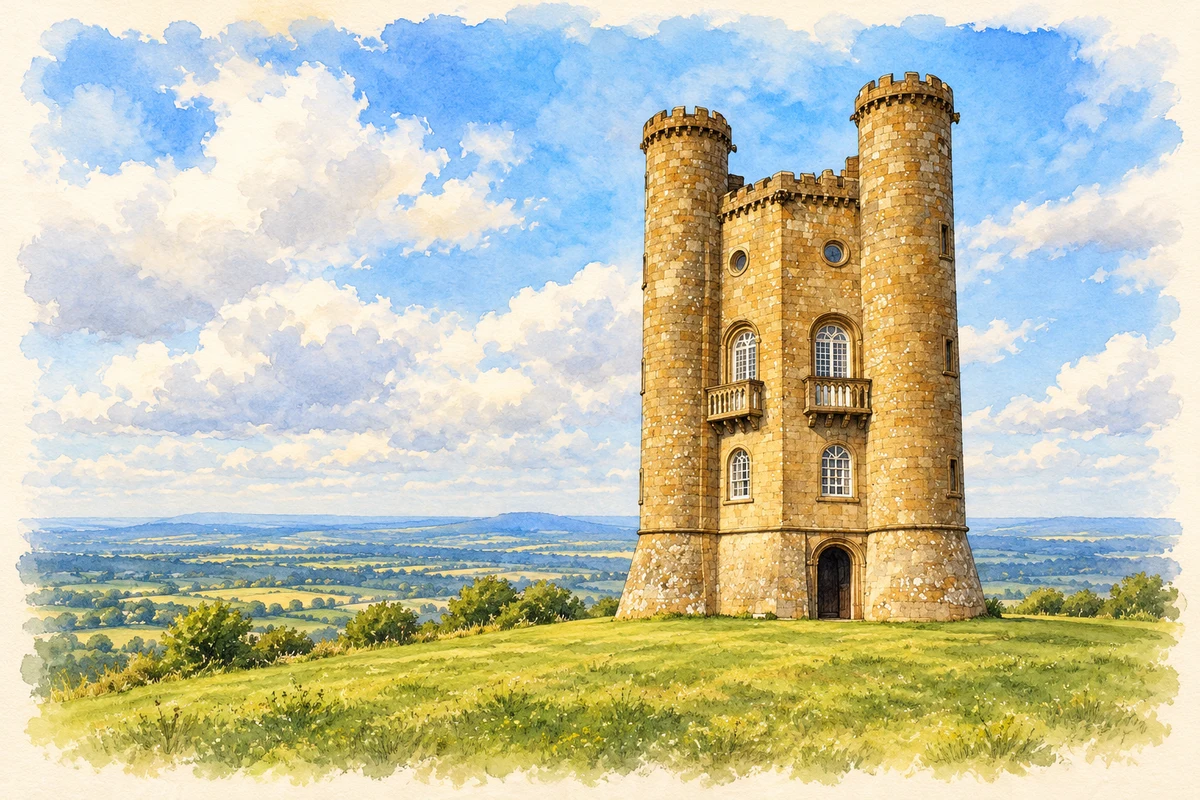 Watercolour and fine ink illustration of Broadway Tower