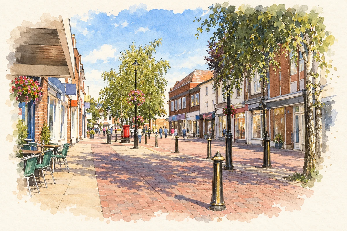 Watercolour and fine ink illustration of Bromsgrove townscape
