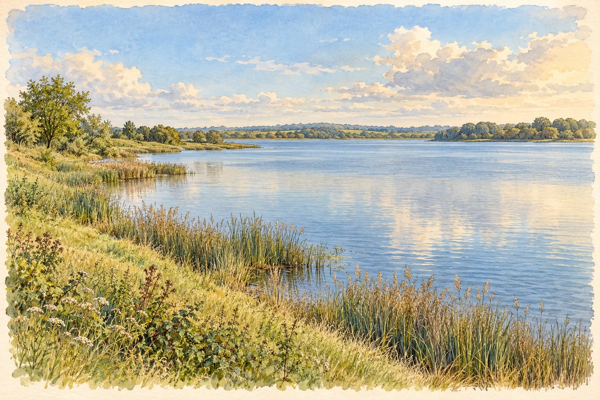 Watercolour and fine ink illustration of Chasewater reservoir near Brownhills