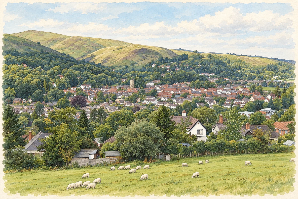 Watercolour and fine ink illustration of Church Stretton townscape