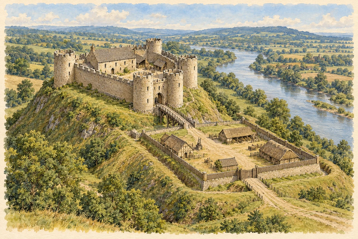 Watercolour and fine ink historical reconstruction of Clifford Castle above the River Wye, c. 1250