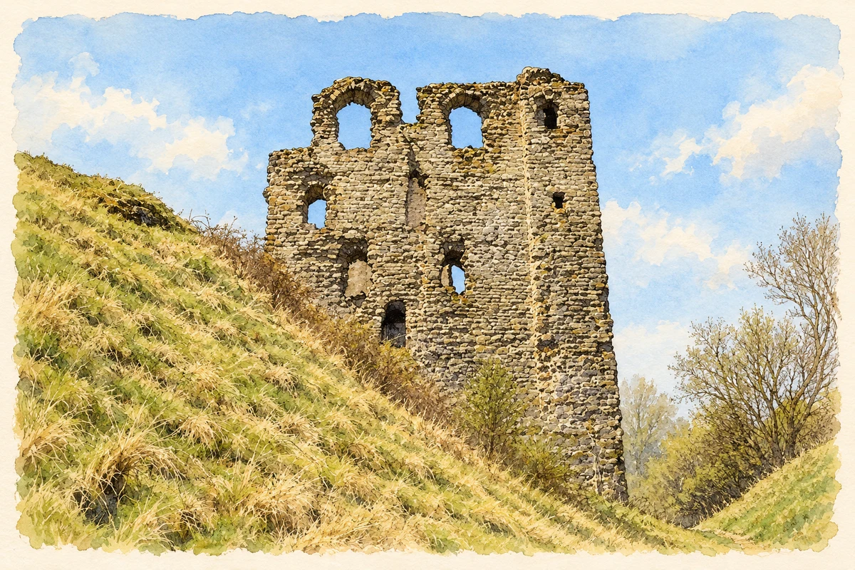 Watercolour and fine ink illustration of Clun Castle keep