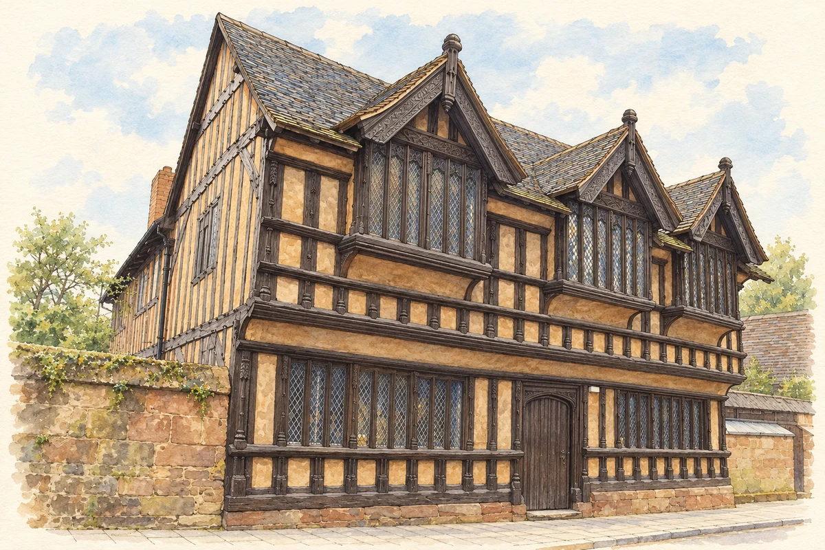 Watercolour and fine ink illustration of the restored timber-framed street front of Ford’s Hospital, Coventry