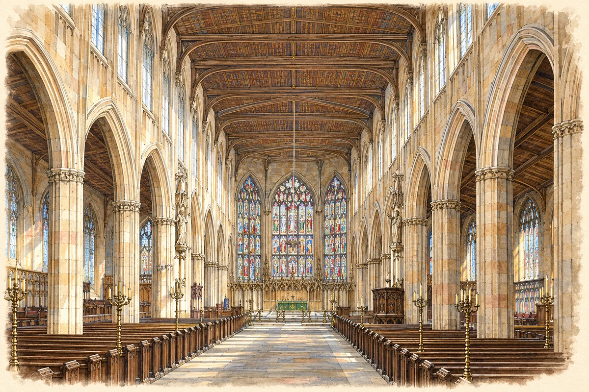 Watercolour and fine ink historical reconstruction of St Michael’s, Coventry, before its destruction, late nineteenth century