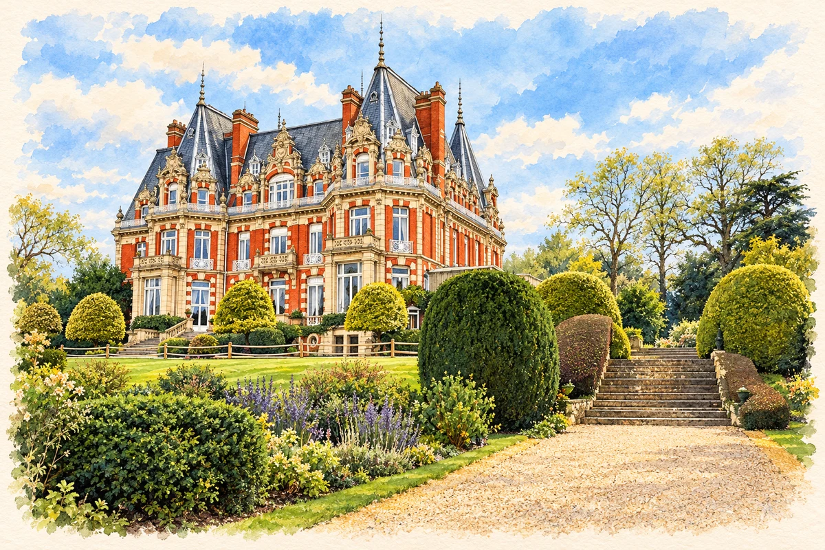 Watercolour and fine ink illustration of Chateau Impney, near Droitwich Spa