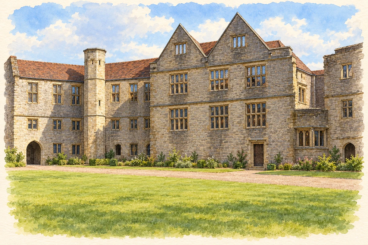 Watercolour historical reconstruction of Dudley Castle Sharrington Range around 1600