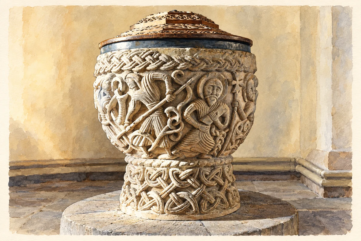 Watercolour and fine ink illustration of Eardisley church Romanesque font