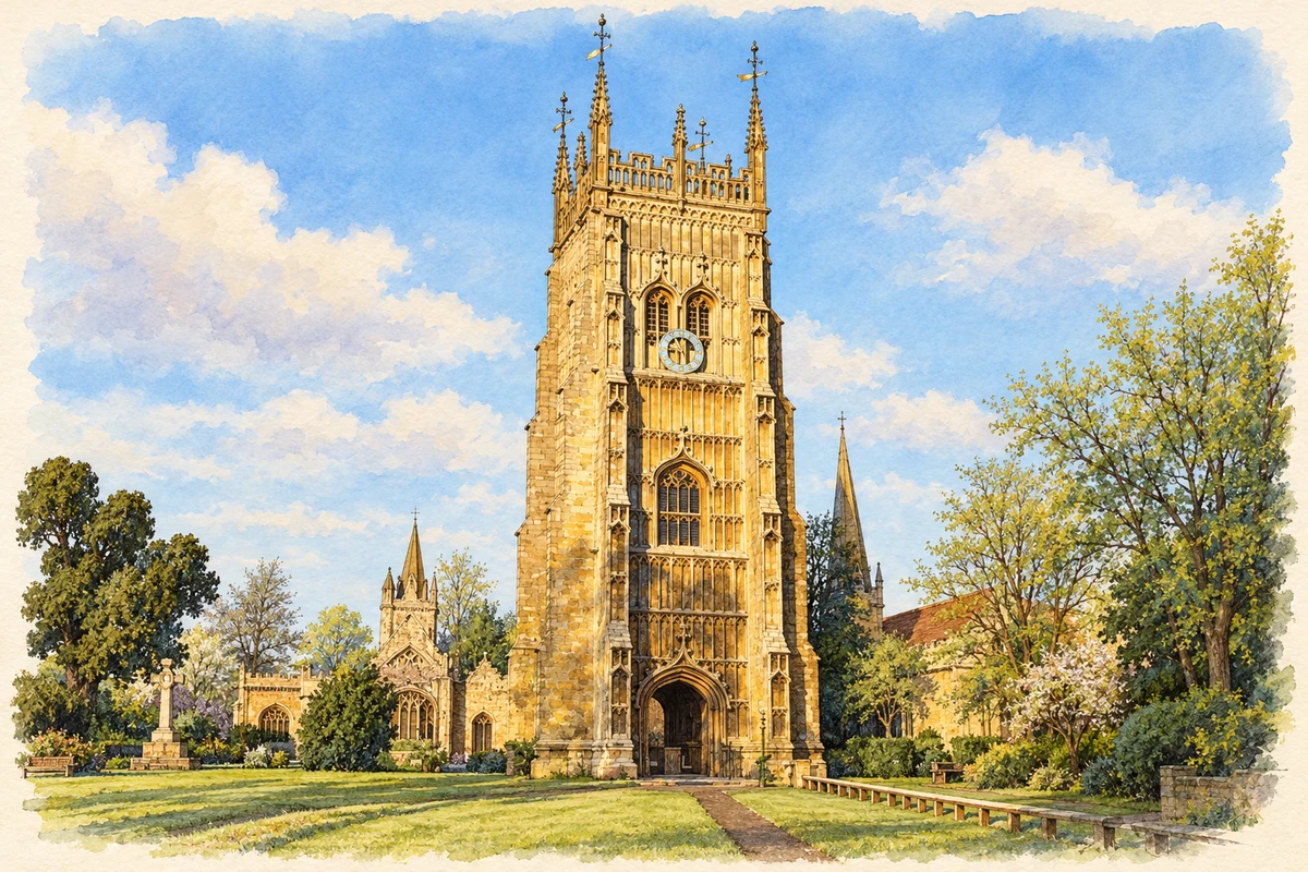 Watercolour and fine ink illustration of Evesham Abbey Bell Tower