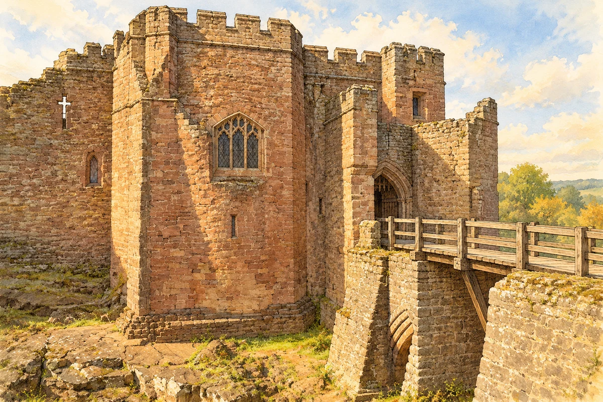 Watercolour historical reconstruction of Goodrich Castle gatehouse and chapel tower around 1500
