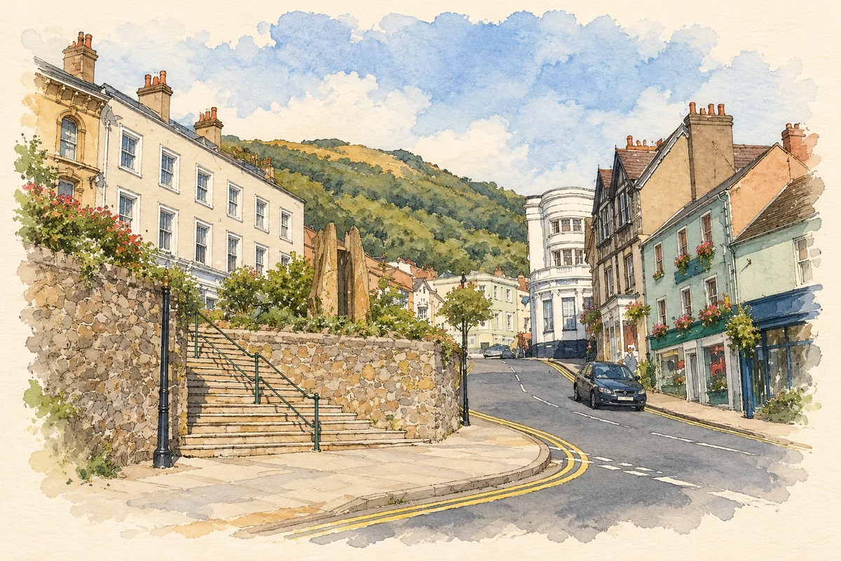 Watercolour and fine ink illustration of Church Street, Great Malvern, with Elgar statue and Enigma Fountain