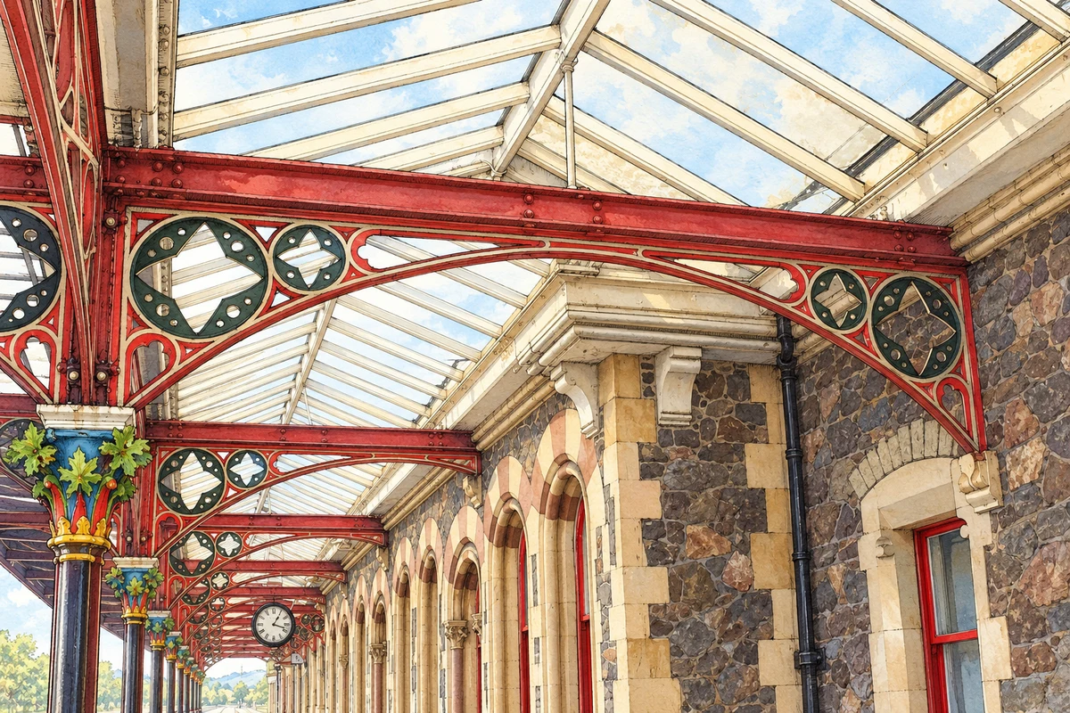 Watercolour and fine ink illustration of Great Malvern station’s red pierced-iron canopy, glazed roof, botanical column capital and stone arches