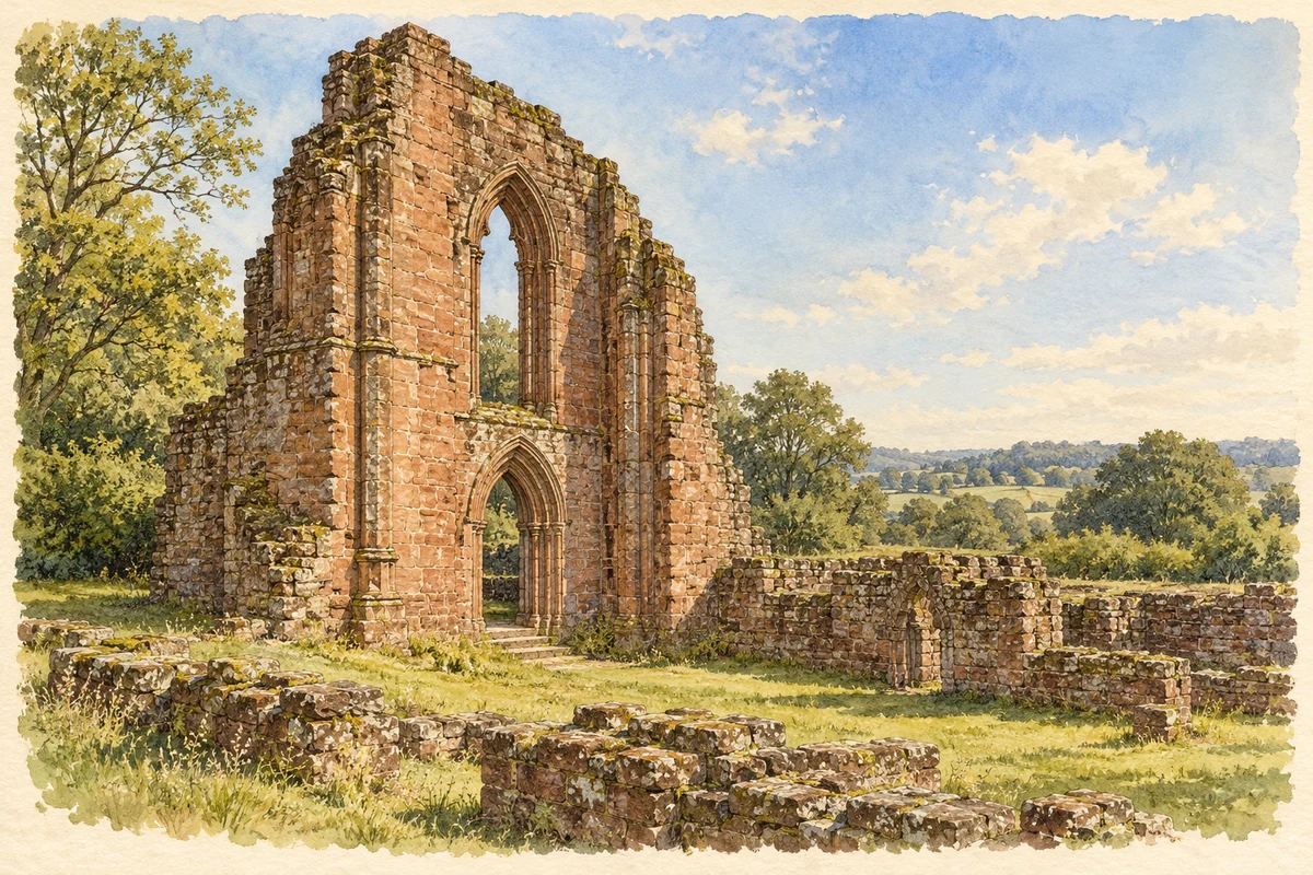 Watercolour and fine ink illustration of the surviving medieval stonework of Halesowen Abbey
