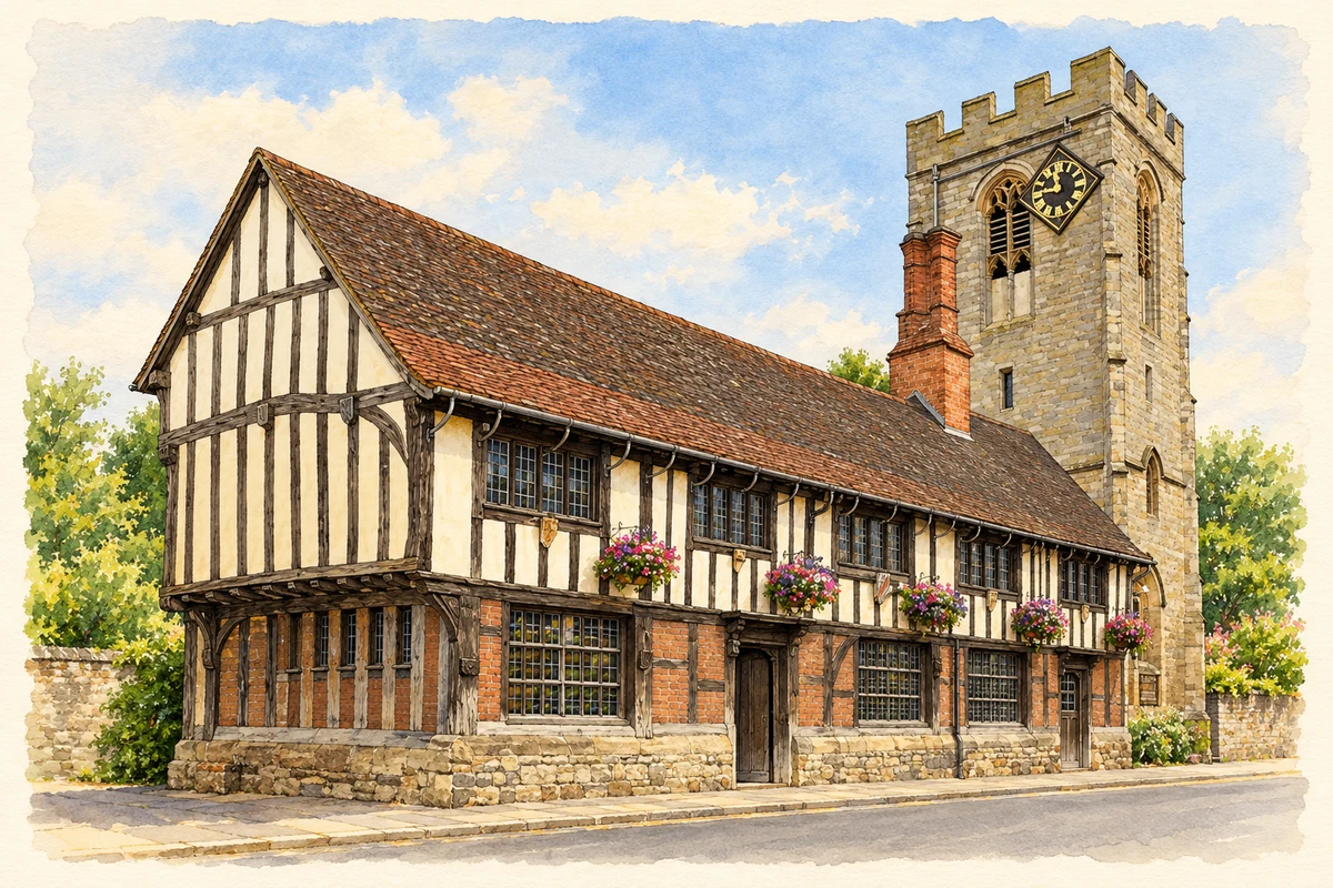 Watercolour and fine ink illustration of The Guild Hall, Henley-in-Arden