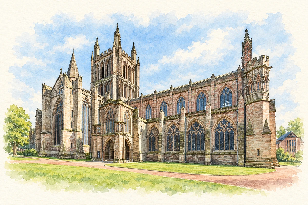 Watercolour and fine ink illustration of Hereford Cathedral