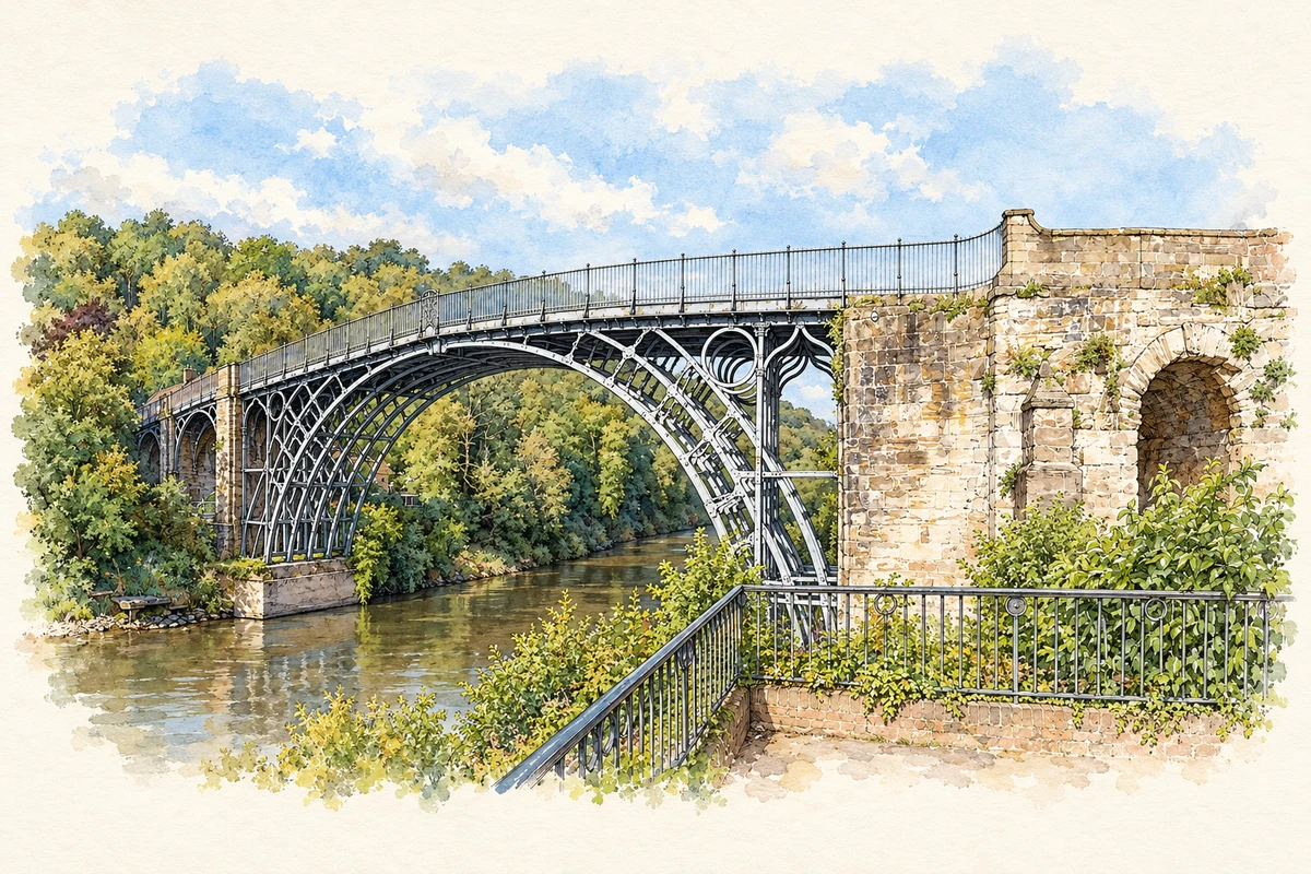 Watercolour and fine ink illustration of the Iron Bridge over the River Severn.
