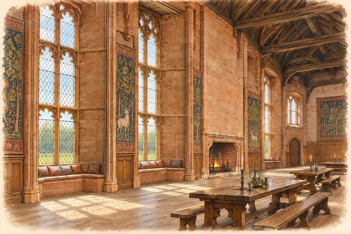 Watercolour and fine ink historical reconstruction of John of Gaunt’s Great Hall, Kenilworth Castle, around 1575