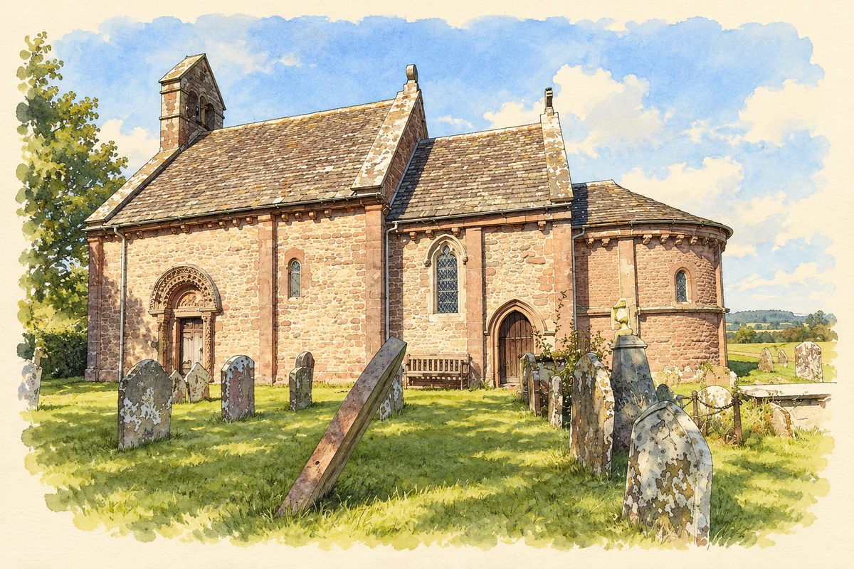 Watercolour and fine ink illustration of St Mary and St David’s Church, Kilpeck