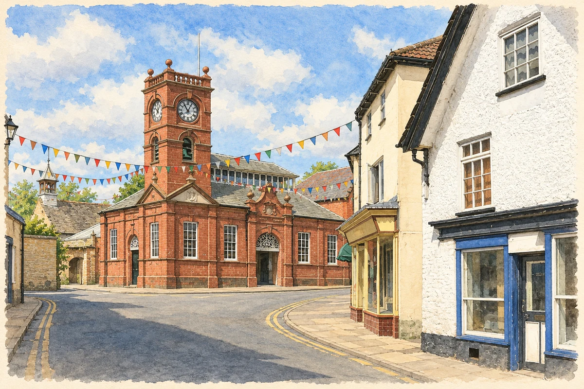 Watercolour and fine ink illustration of Kington town centre