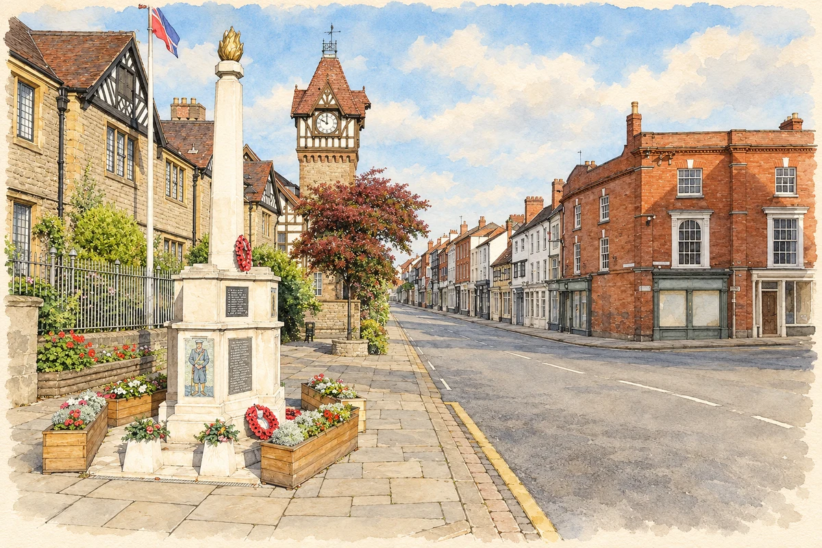 Watercolour and fine ink illustration of Ledbury town centre