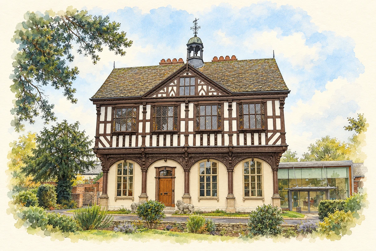 Watercolour and fine ink illustration of Grange Court, Leominster