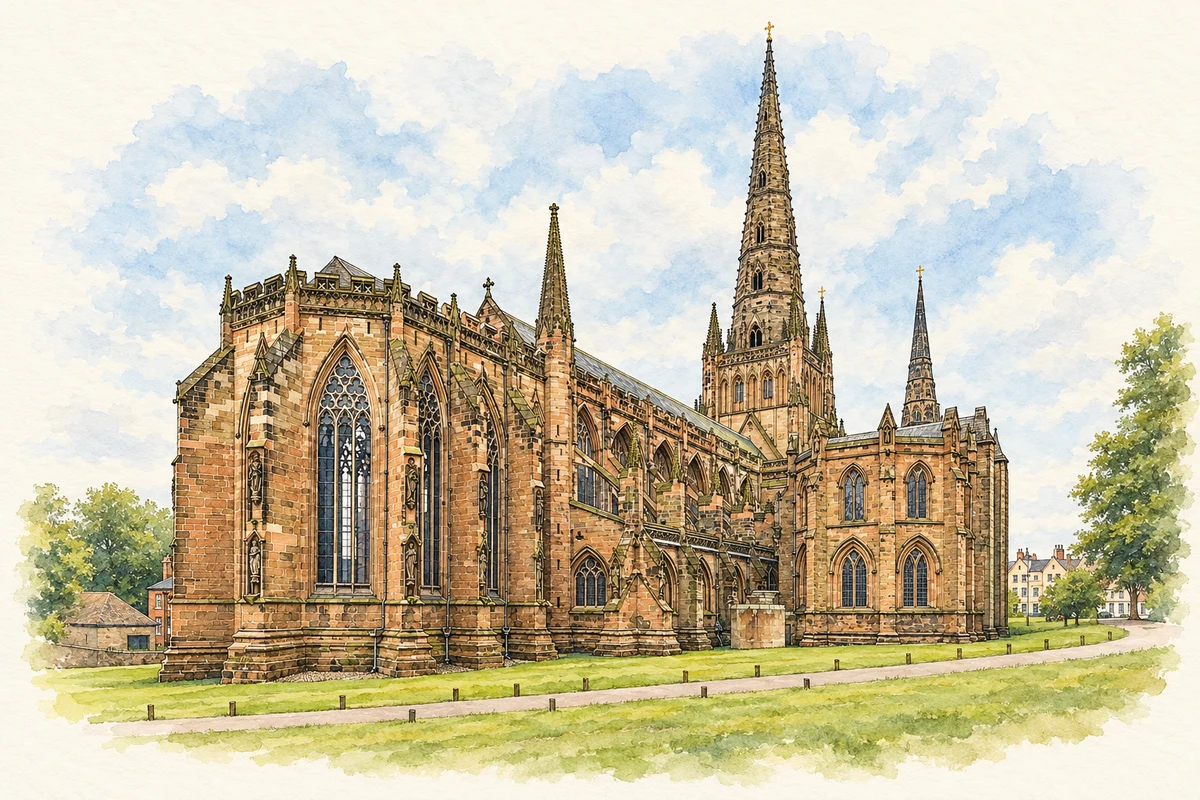 Watercolour and fine ink illustration of Lichfield Cathedral