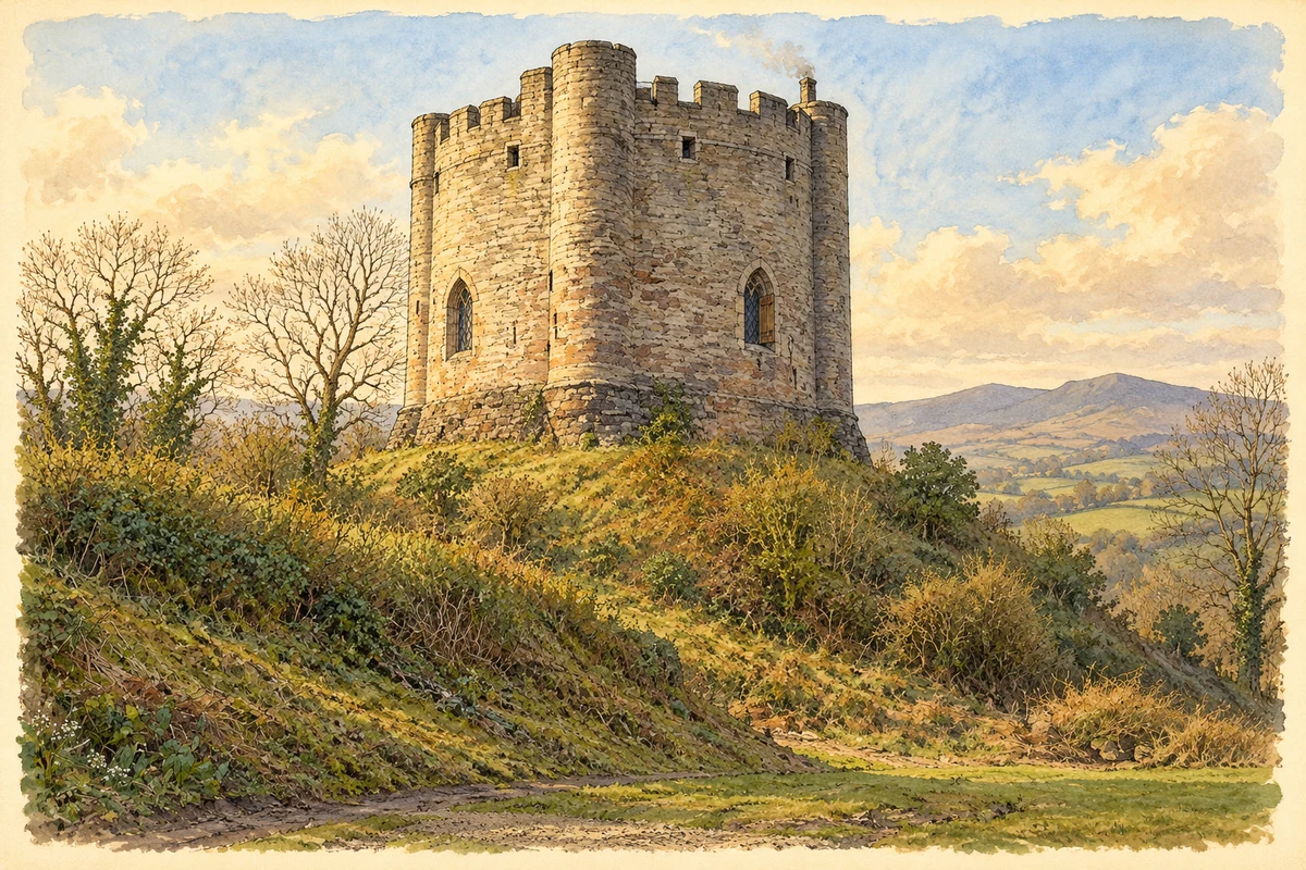 Watercolour historical reconstruction of Longtown Castle keep around 1350