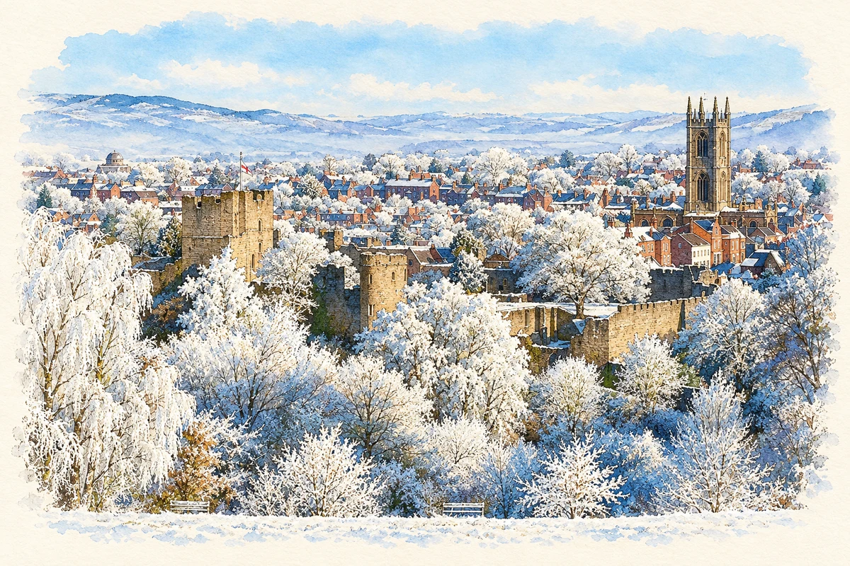Watercolour and fine ink illustration of Ludlow townscape in snow