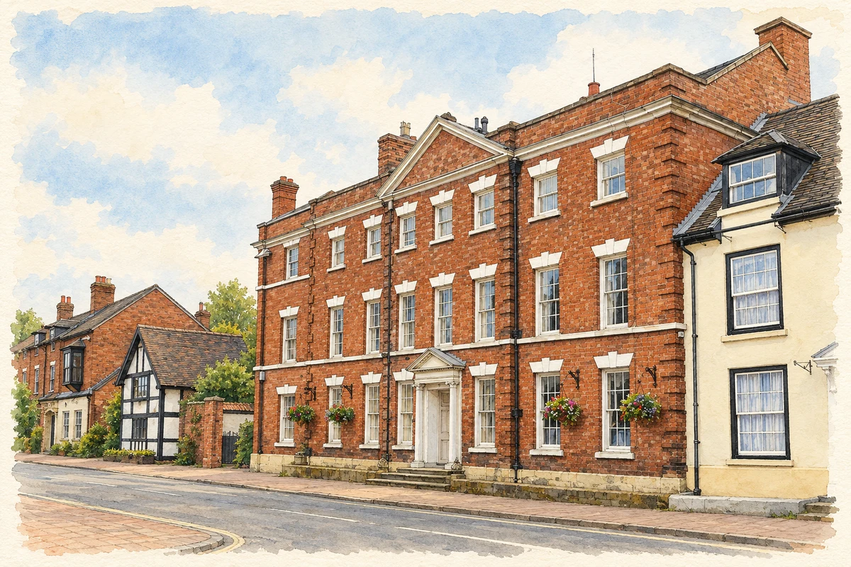 Watercolour and fine ink illustration of The Red House, Market Drayton