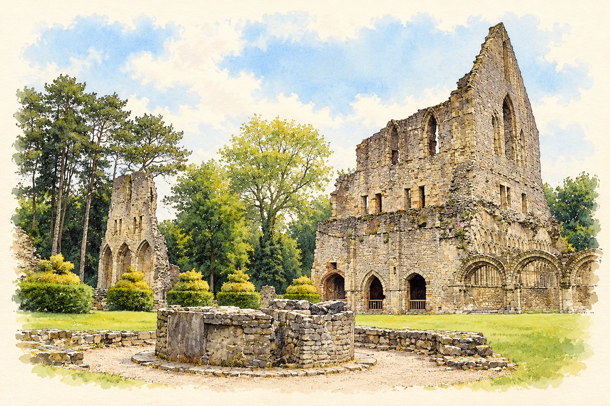 Watercolour and fine ink illustration of Wenlock Priory