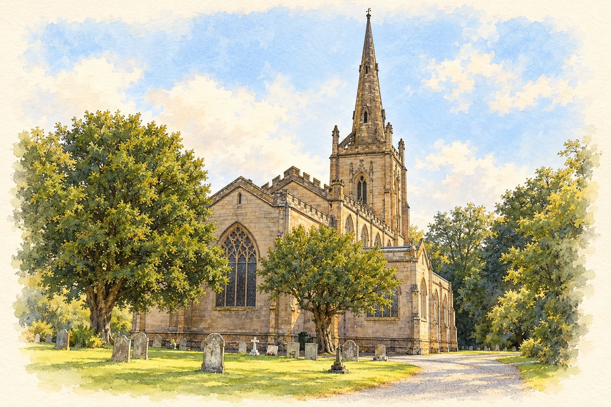 Watercolour and fine ink illustration of St Andrew’s Church, Ombersley