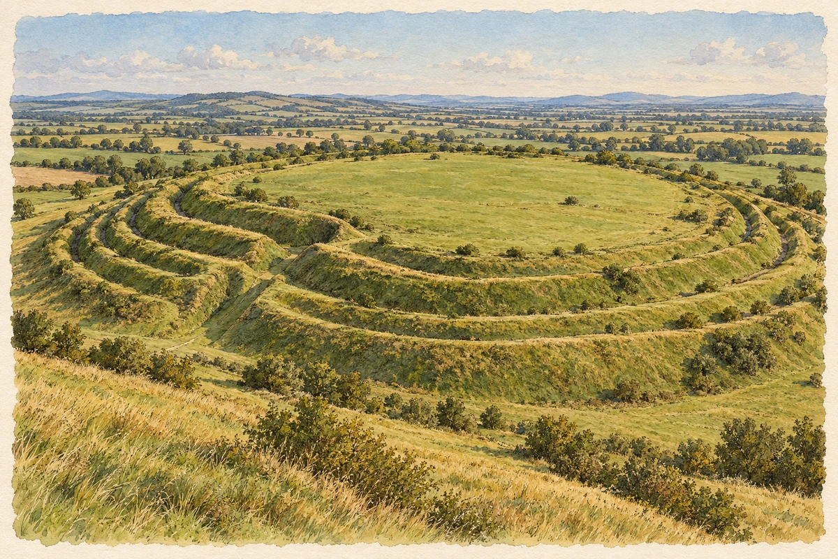 Watercolour and fine ink researched interpretation of Old Oswestry hillfort