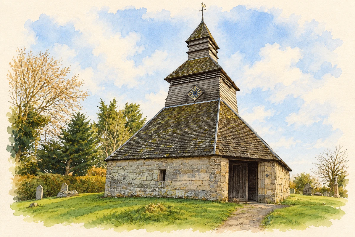 Watercolour and fine ink illustration of Pembridge’s detached belfry, with its broad stone base, shingled roofs and timber stages
