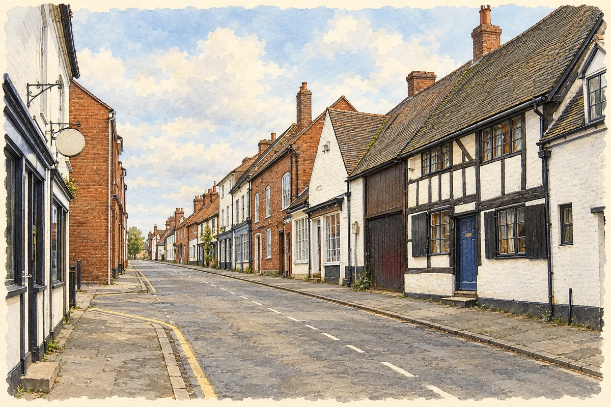 Watercolour and fine ink illustration of Penkridge village centre