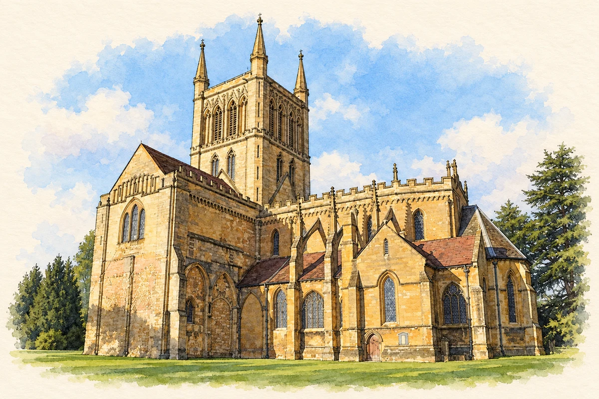 Watercolour and fine ink illustration of Pershore Abbey