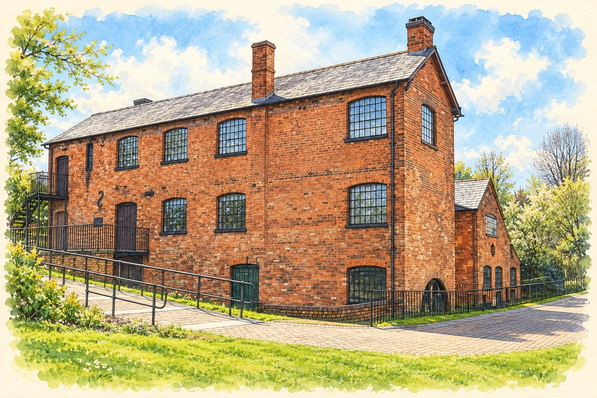 Watercolour and fine ink illustration of Forge Mill Needle Museum, Redditch