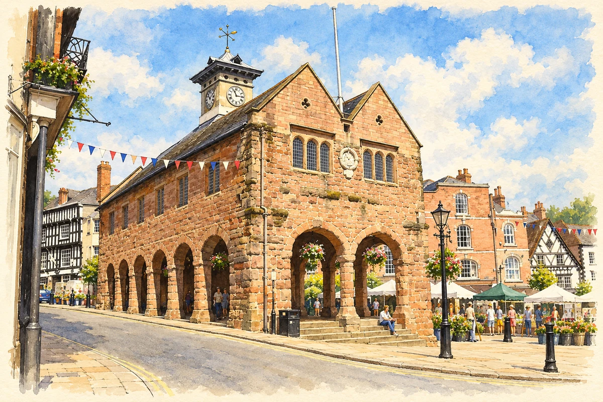 Watercolour and fine ink illustration of Ross-on-Wye Market House