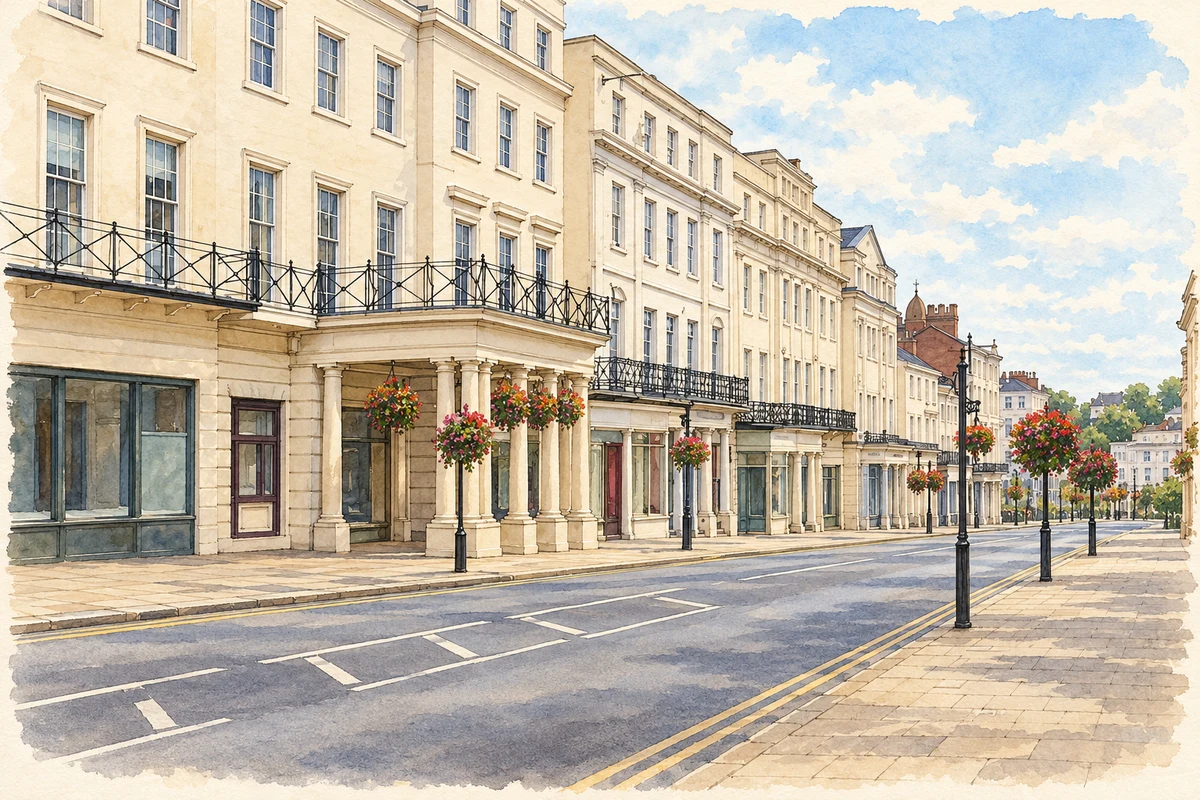 Watercolour and fine ink illustration of The Parade, Royal Leamington Spa