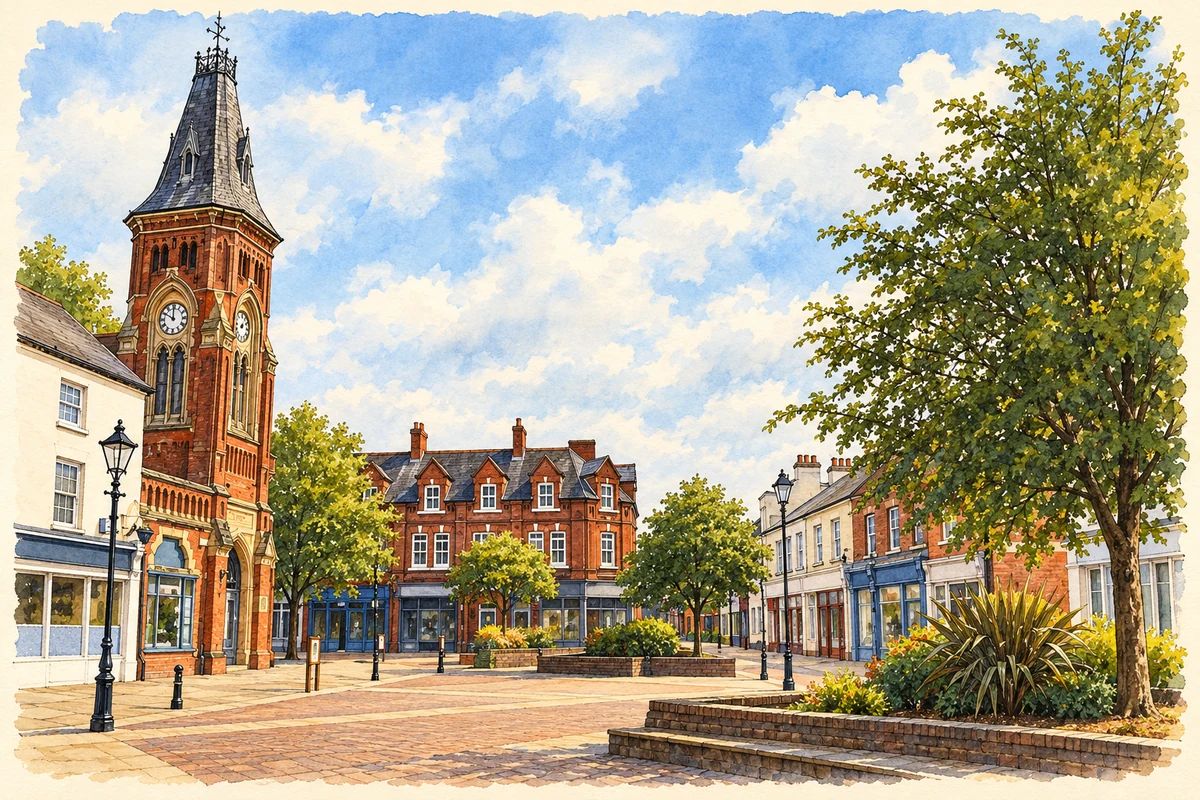 Watercolour and fine ink illustration of Rugeley Clock Tower and Market Square