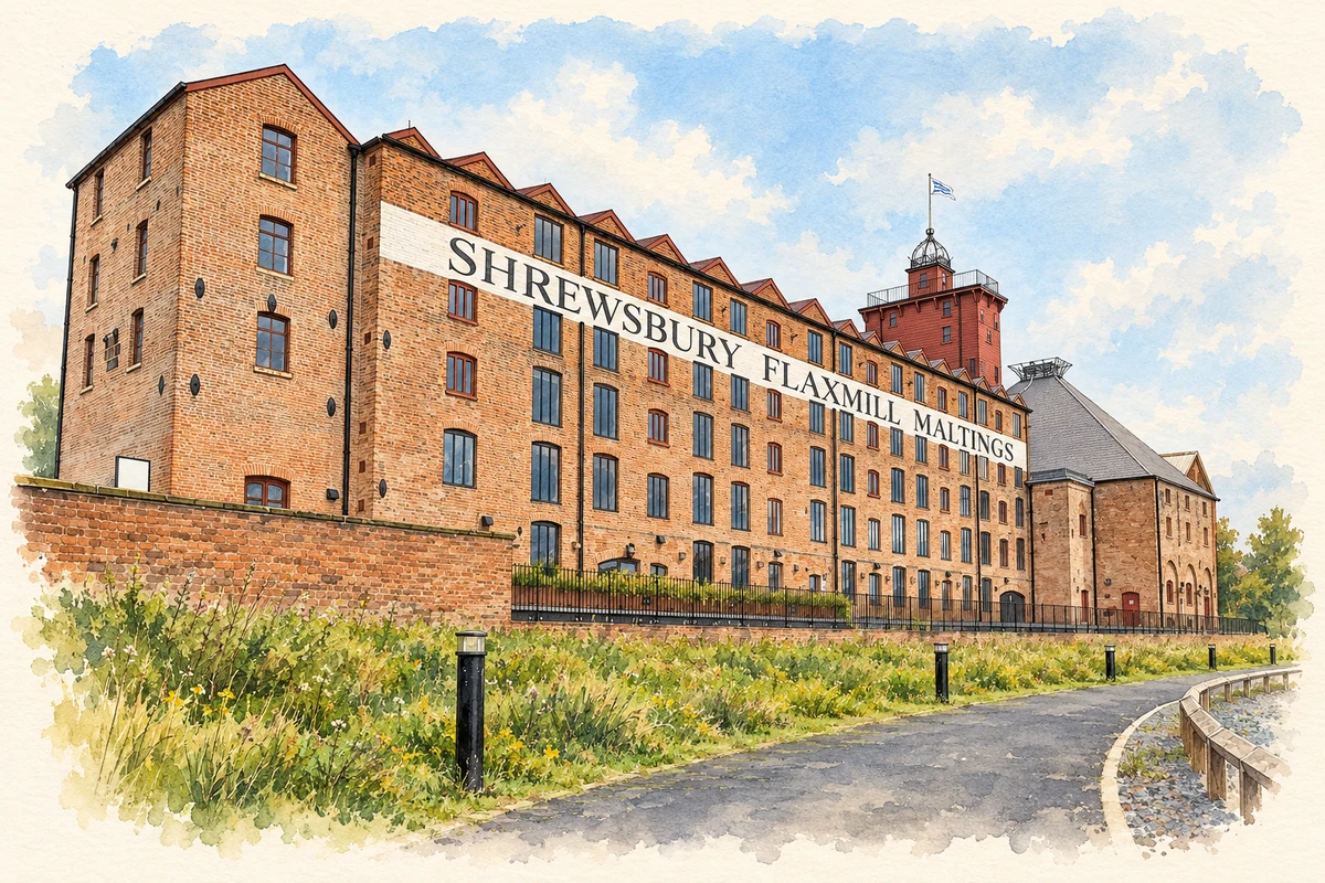 Watercolour and fine ink illustration of Shrewsbury Flaxmill Maltings