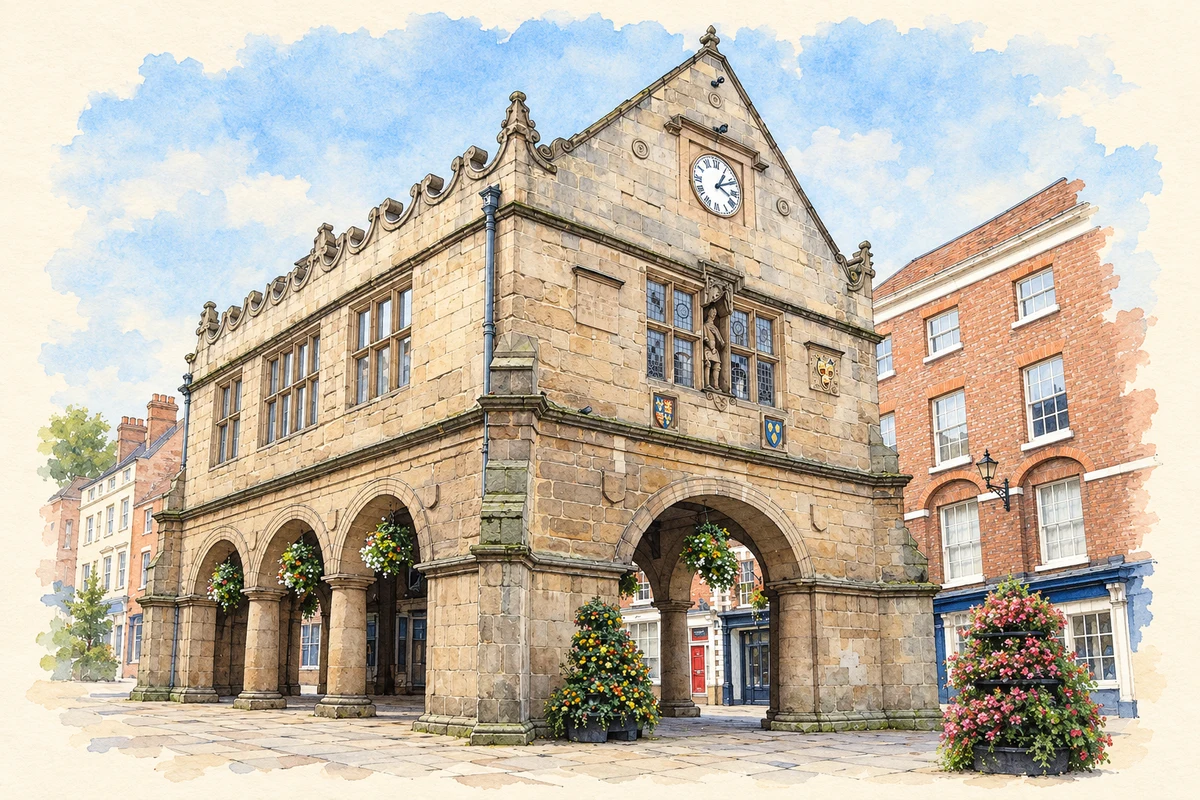 Watercolour and fine ink illustration of The Old Market Hall, Shrewsbury