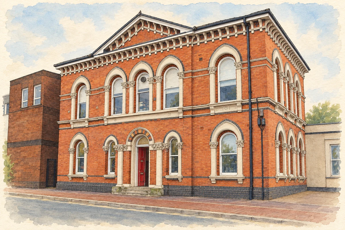 Watercolour and fine ink illustration of Smethwick Library